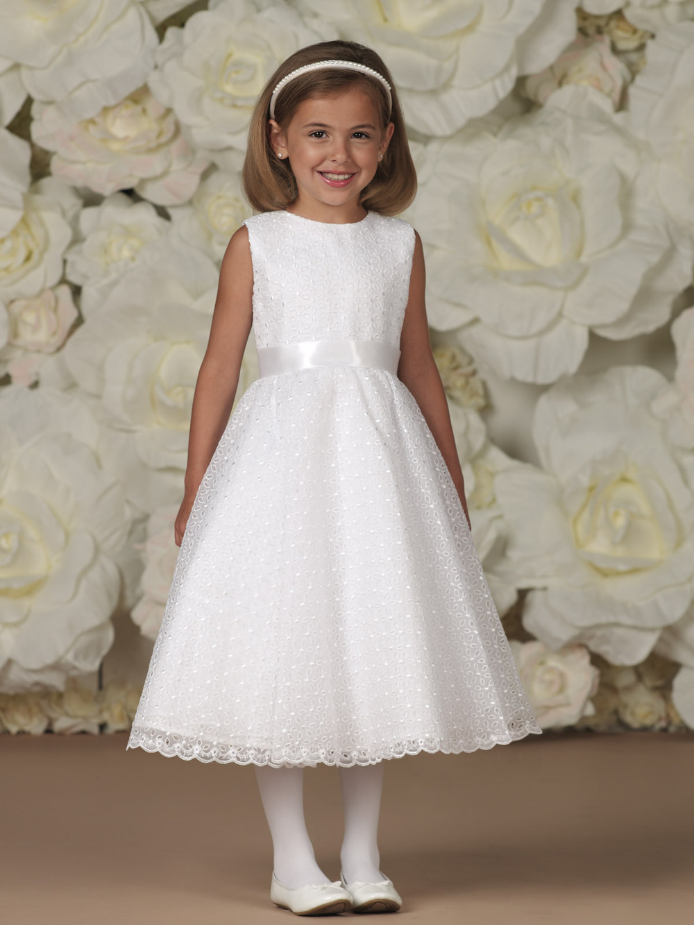 Free Shipping!New Arrival Custom Made A-line Flower Girl Dress Jewel Ribbons Lace Tea Length First Communion Wedding Party Dress