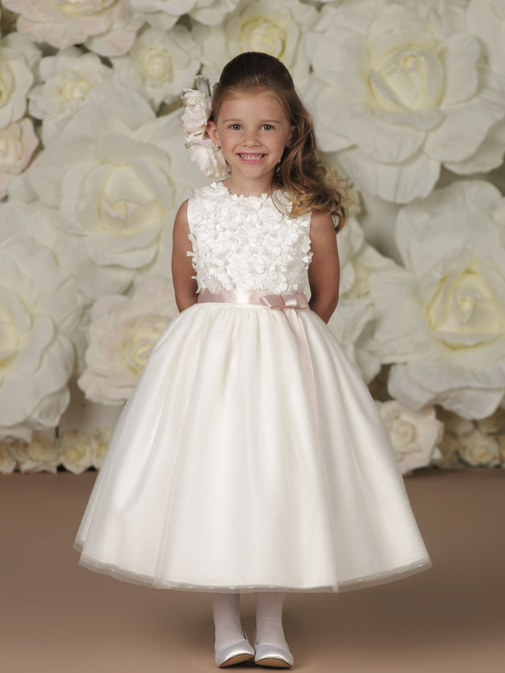 Free Shipping!New Arrival Custom Made A-line Flower Girl Dress Jewel RibbonsTulle Tea Length First Communion Wedding Party Dress