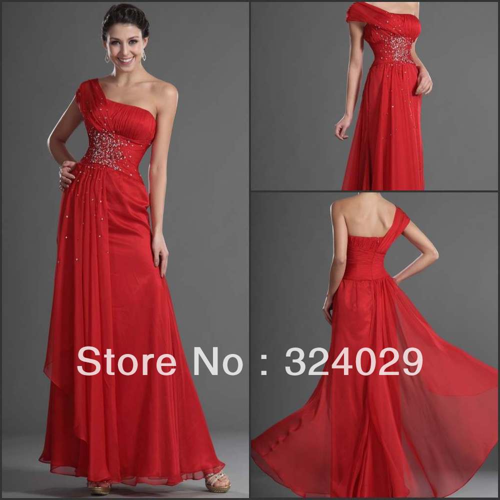 Free Shipping New Arrival Elegant A Line One Shoulder US Size 6 ,8 ,10,12,14,16 Red Chiffon Evening Dress