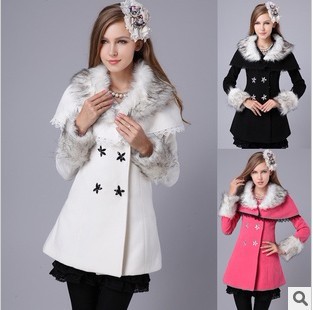Free Shipping,new arrival,elegant  lady brand fashion winter wool outerwear jacket,trench coat with fur collar,S,M,L,XL