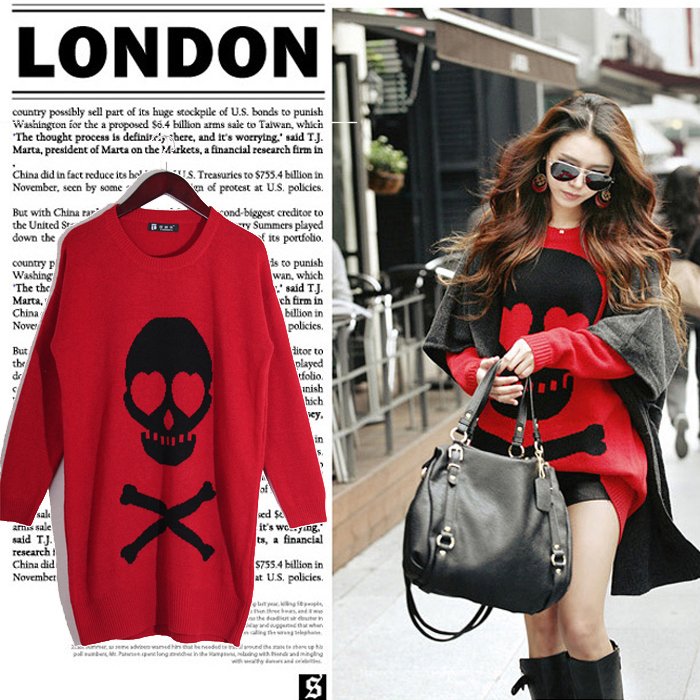 Free Shipping new arrival European black big skull knitted long design sweater with skeleton printing pullover, MY5331MY