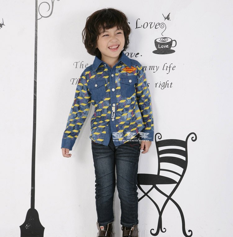 Free shipping New arrival Fashion Denim patchwork shirt with print, kidwear, jeans