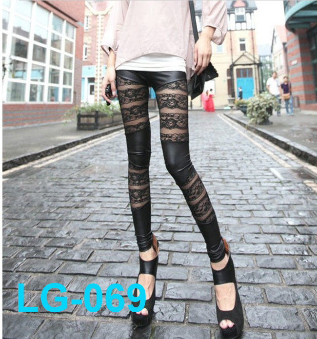 Free shipping New arrival fashion Lace imitation leather pacthwork stripes women skinny leggings 5pcs/lot wholesale LG-069
