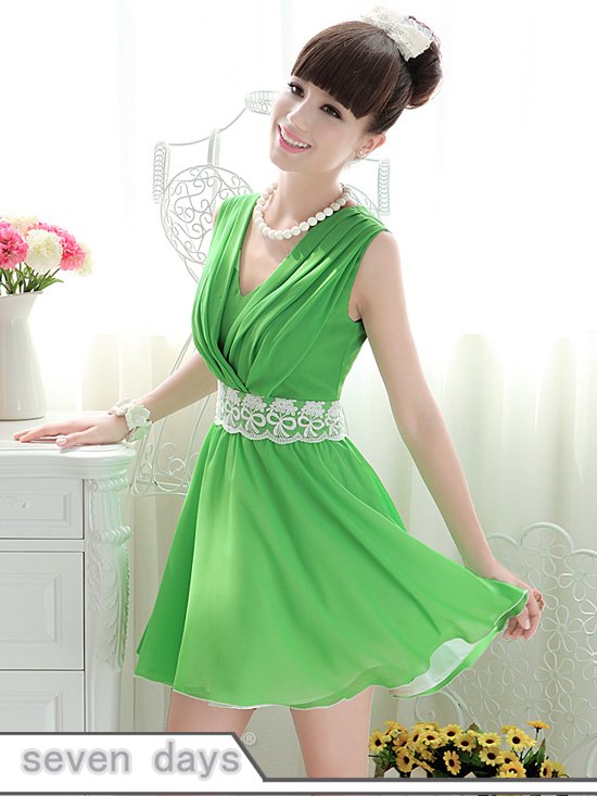Free Shipping New Arrival Fashion Lady V-neck Pure Green Color Chiffon Sleeveless Dress NL032916GE
