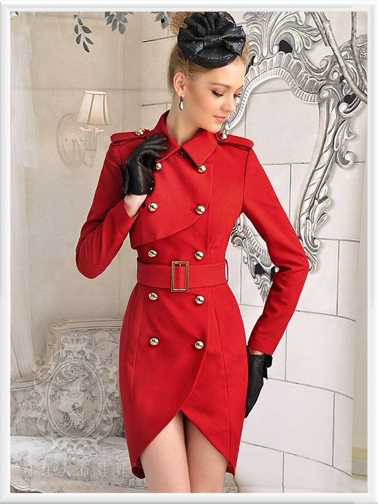 Free shipping new arrival fashion long red trench coat women double breasted, womens coats 2012, slim, size S, M, L