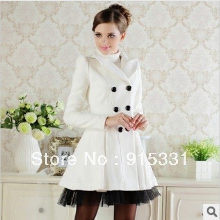 Free shipping!New Arrival!Fashion Pure Colour Double-breasted Worsted Wool Lace Dress Coat Women,color white