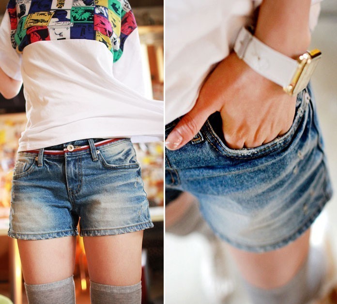 Free Shipping New arrival fashion women's fashion pattern casual all-match mid waist denim shorts qy0811sk