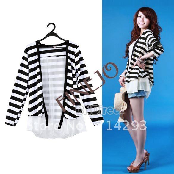 Free Shipping New arrival Fashion Women's Long Sleeve Cardigan Stripe Coat Chiffon Cotton Jacket Outerwear  4937