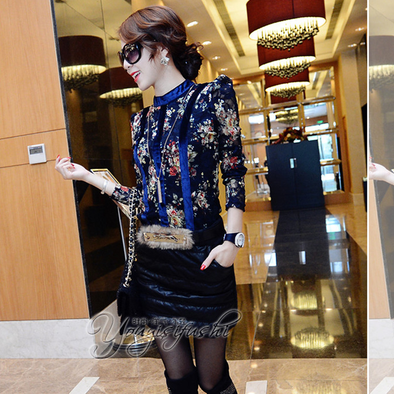 free shipping! New arrival  fashion women winter korean style o-neck blue print lace velvet basic lace patchwork shirts WYL5002