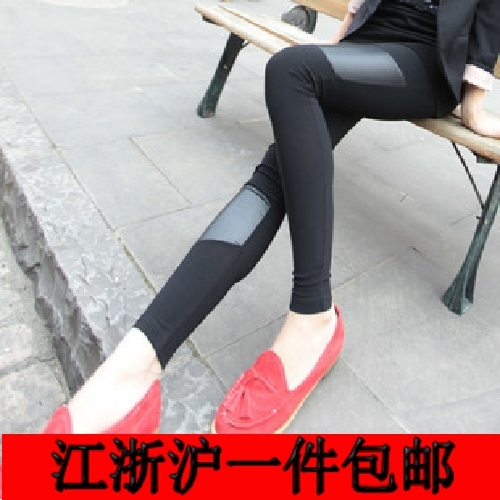 Free shipping new arrival female faux leather patchwork legging ankle length trousers women's warm pants leg warmers