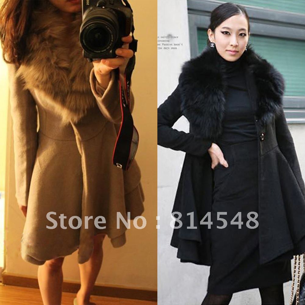 Free Shipping  New Arrival Fur Big Turn-down Wool & Blends  Cashmere Overcoat Trench Outerwear Medium-long Outerwear HD(12010)