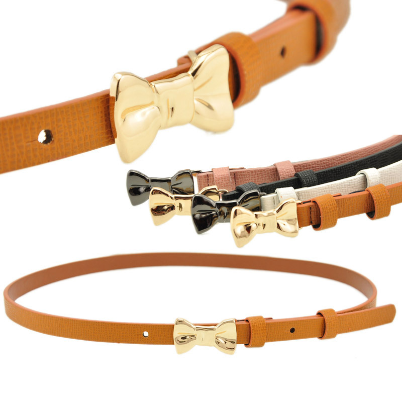 free shipping New arrival genuine leather dull scrub litchi bow women's thin belt sweet strap