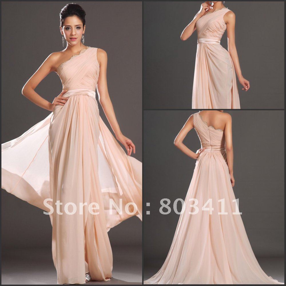 Free Shipping New Arrival Gorgeous One Shoulder Pleated Bodice Chiffon Evening Dress