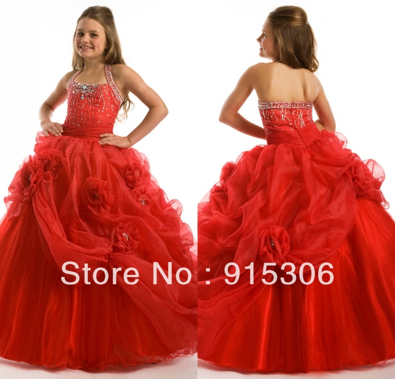Free Shipping New Arrival Halter Beaded Pretty Red Kids Girl Evening Dress