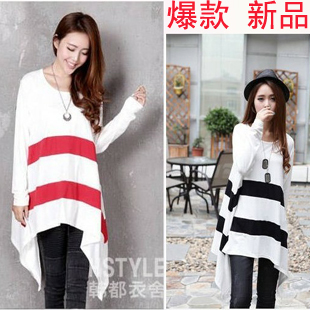 Free shipping new arrival irregular personality wide stripe loose plus size color block maternity long-sleeve top