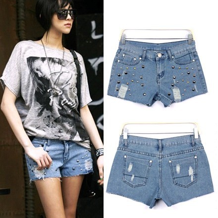 Free shipping new arrival irregular rivet metal distrressed water wash the esos denim shorts