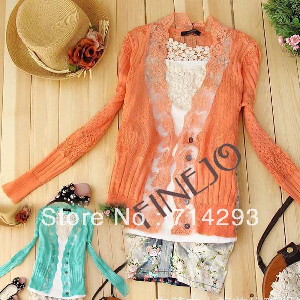 Free shipping-new arrival lace decorated long-sleeve V-neck thin cardigan women's fashion sweater 5colors Cheap Price9220