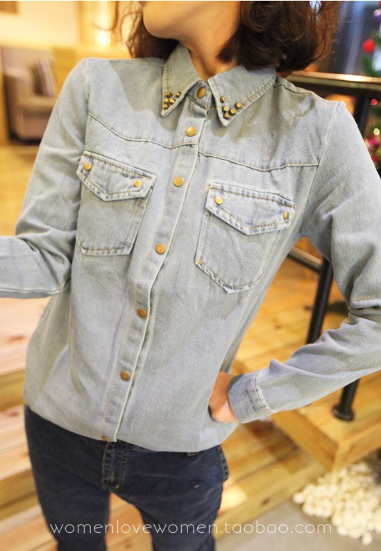 Free shipping New arrival ladies excellent rivet thickening denim shirt