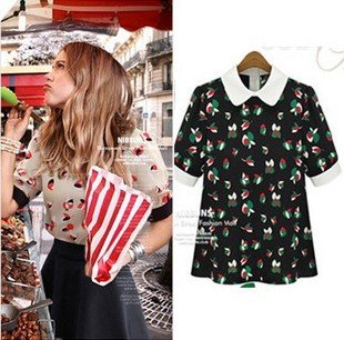 Free shipping New arrival lady short sleeve vintage peter pan collar shirt Women's Chiffon blouse fashion summer loose tops