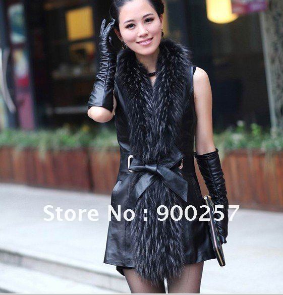 Free shipping  New Arrival  lamb leather long vest with fur collar Black fashion dress wholesale and retail FS1192201100