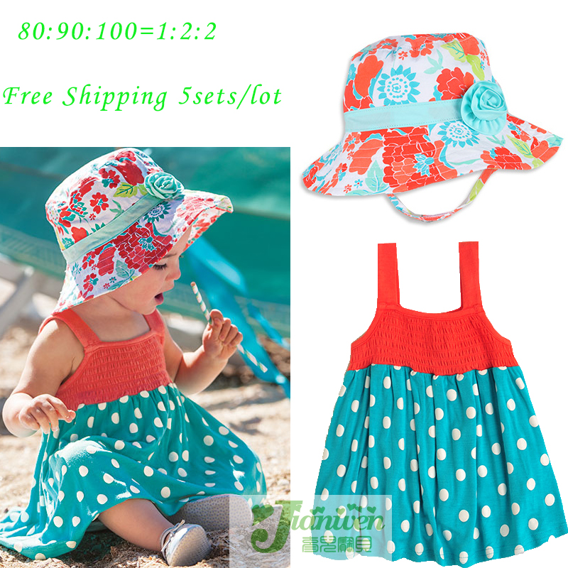 Free Shipping New Arrival Little Baby Girls Clothing Dresses Retail 1 Set 100% Cotton Hat For Summer Sun Hat Dot Dress