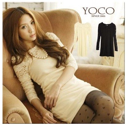 free shipping New arrival long sleeve womens fashion lace dress 1pcs Black/Beige