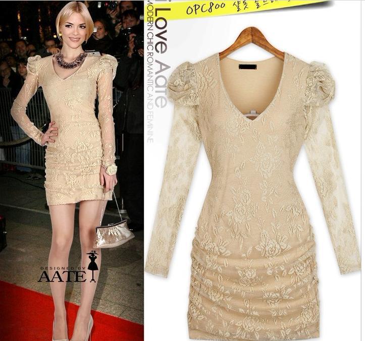 free shipping New arrival long sleeve womens fashion lace dress 1pcs Black/Beige  w401