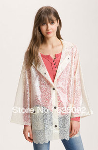 Free shipping new arrival new design print PTU poncho aesthetic carved scalloped lace raincoat blue