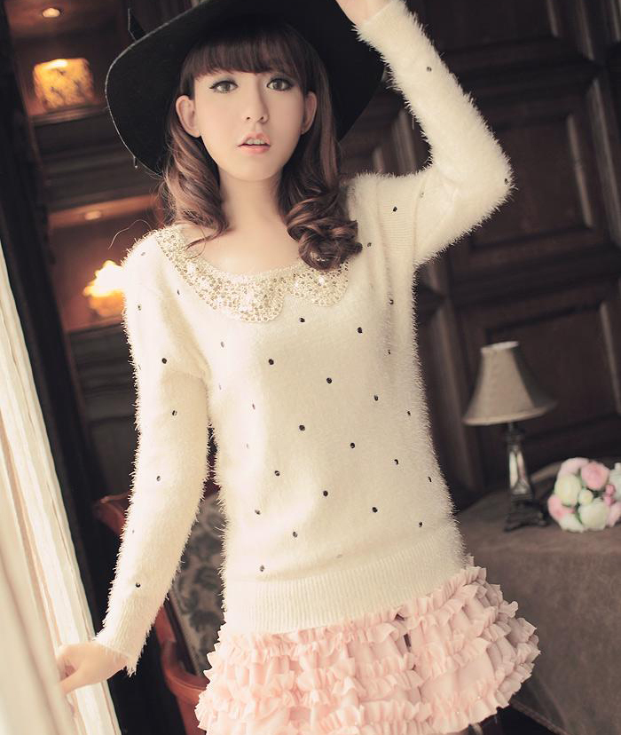 Free  shipping, New arrival plush round polka dot princess peter pan collar slim elastic sweet basic sweater female