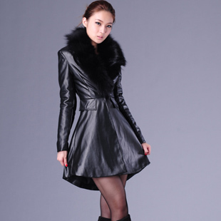 Free shipping! New arrival PU clothing 2012 women's fox fur noble elegant slim leather overcoat medium-long leather jacket
