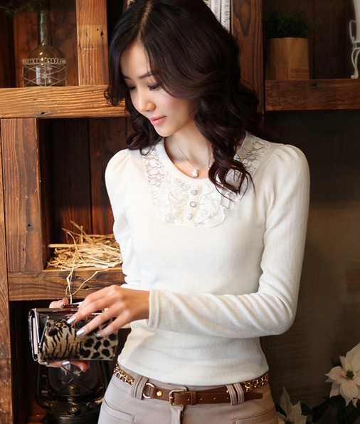 Free shipping  new arrival puff sleeve lace collar long-sleeve wool sweater women's fashion solid color basic  t-shirt#TB261