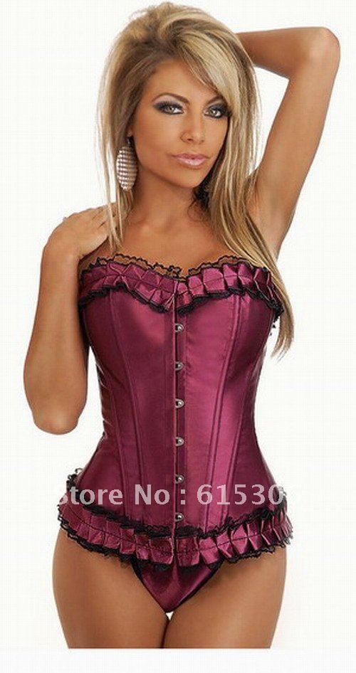 Free Shipping, New Arrival Satin Corset Taffeta Overbust Corset Sexy Lingerie Womens Underwear Top+G-String Wholesale