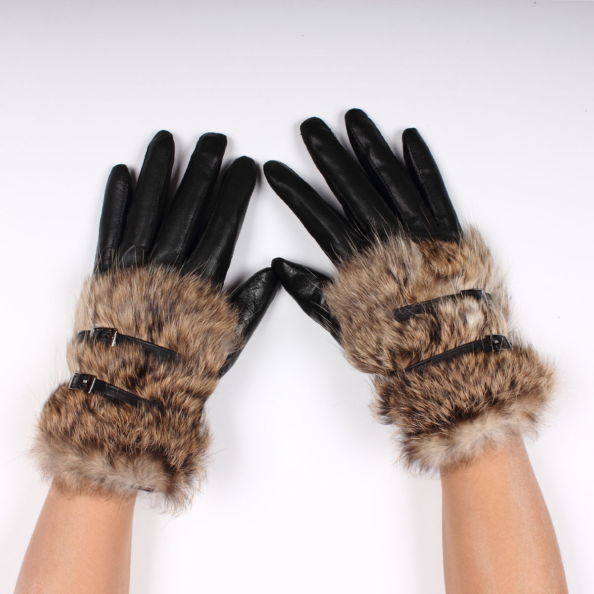 Free shipping New arrival sheepskin rabbit fur winter plus velvet thermal cotton gloves women's fur genuine leather gloves