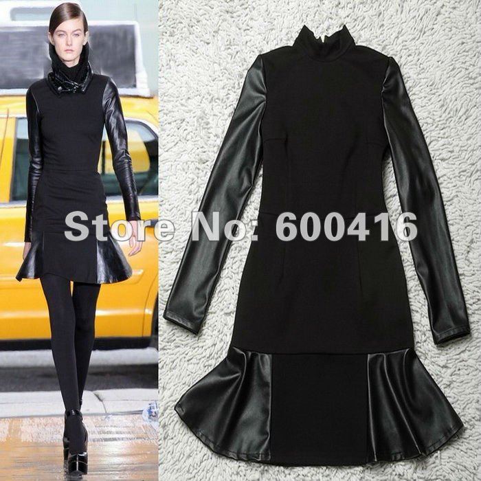 Free Shipping New Arrival  Stretch Cotton Patchwork PU Leather Mermaid Dress 121027HU01