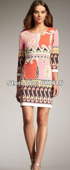 Free Shipping   New Arrival  Stretch Jersey  Printed Long Sleeve Day Dress  0613EP296