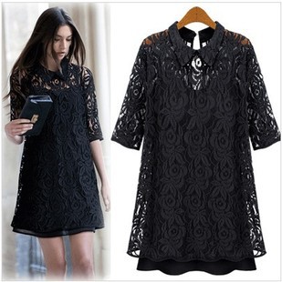 FREE SHIPPING New Arrival Summer Autumn Dress Europe Fashion Sexy Hollow Lace Black Dresses For Women