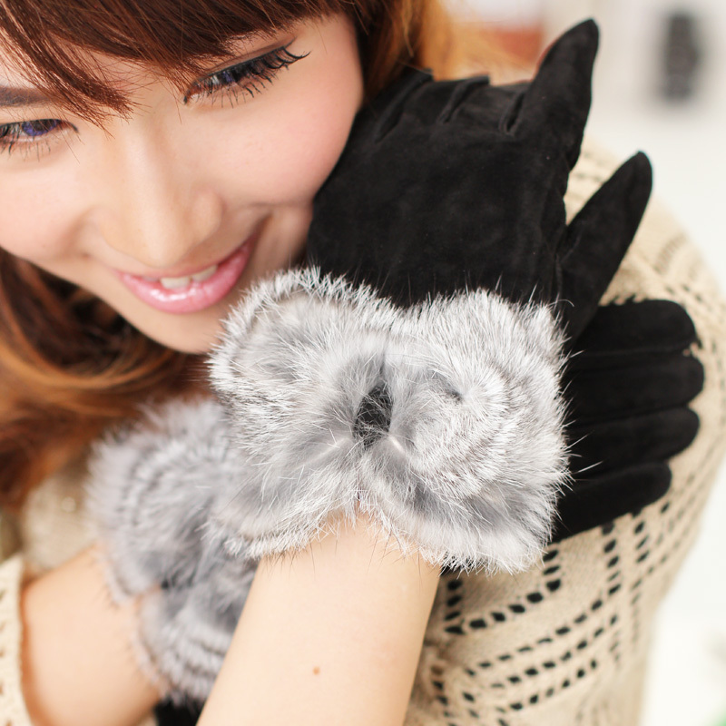 FREE SHIPPING New arrival ukyo women's pigskin gloves big rabbit fur thermal winter the first layer of leather