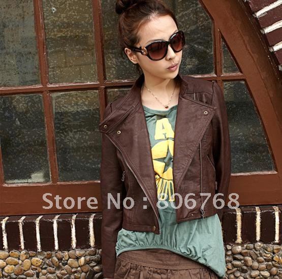 Free Shipping New Arrival Women's Faux Leather Jacket PU Lapel Coat Outerwear Zipper decoration stand-up collar Jacket