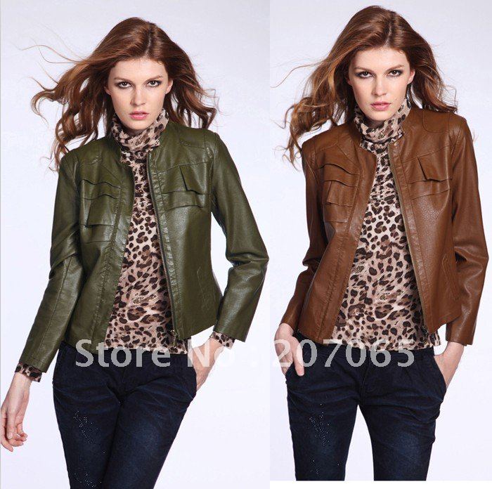 Free shipping New Arrival Women's Faux Leather Jacket,PU Lapel Coat,Outerwear Zipper decoration stand-up collar  size M,L,XL