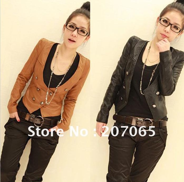 Free shipping New Arrival Women's Leather Jacket,PU Lapel Coat,Outerwear botton decoration 2 colour