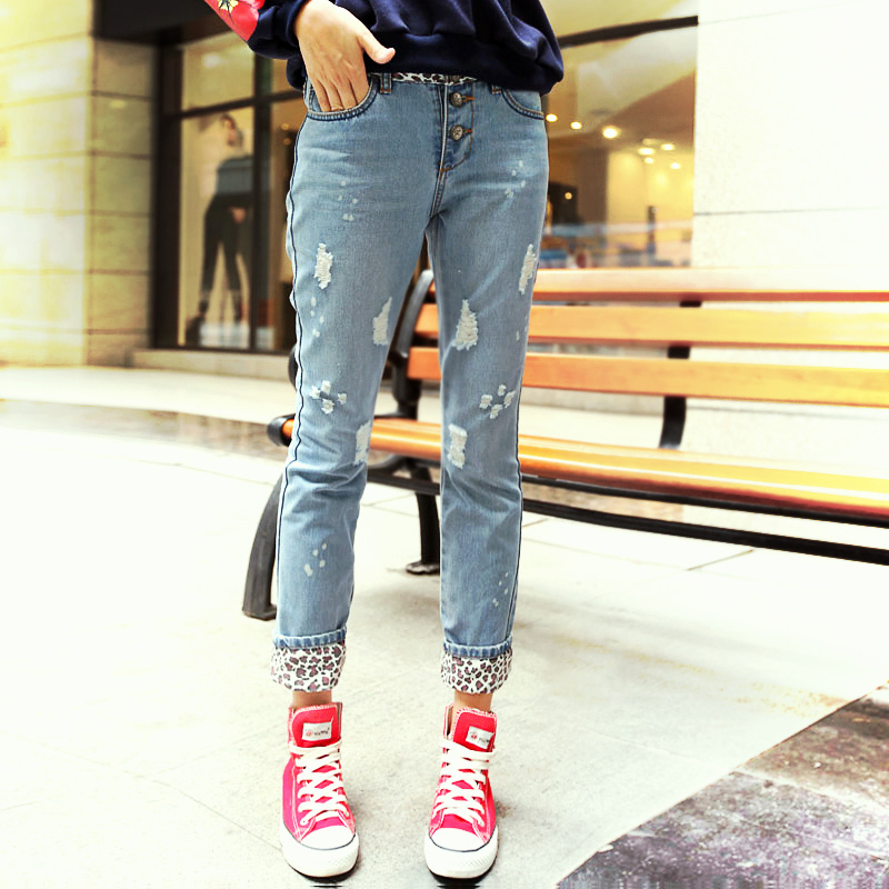 Free shipping New arrival women's leopard print low-waist hole wearing white water wash jeans female fashion jeans women