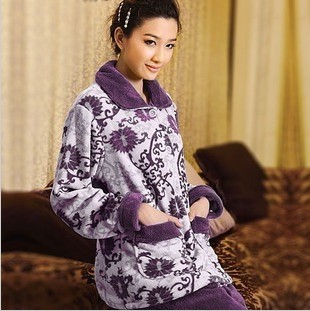 Free Shipping New Arrival Women's Super Soft Coral Fleece Sleep Set Purple Flower Thickening Long Sleeve Pajama