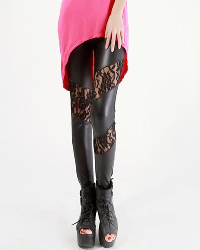 Free Shipping New Arrivals Fashion Black Faux Leather Leggings Lace Insets Pants Skinny Tights