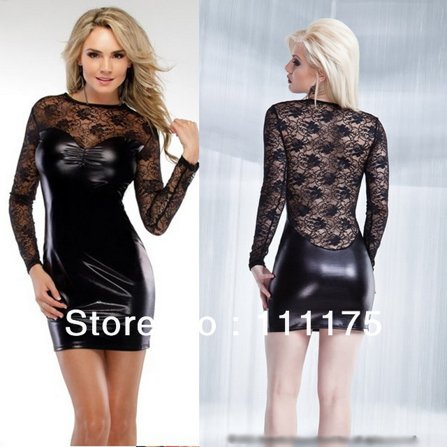 Free shipping New Arrivals hot Fashion Black Sexy Womens lace pvc Dress Lace leather clubwear 8519