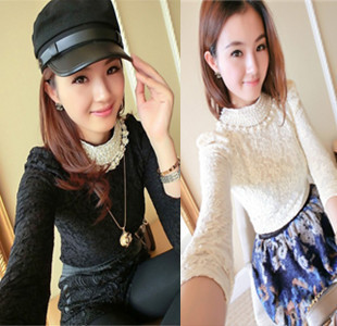 Free Shipping New Arrive Lace Women Winter cotton double-layer pearl collar lace T-Shirt