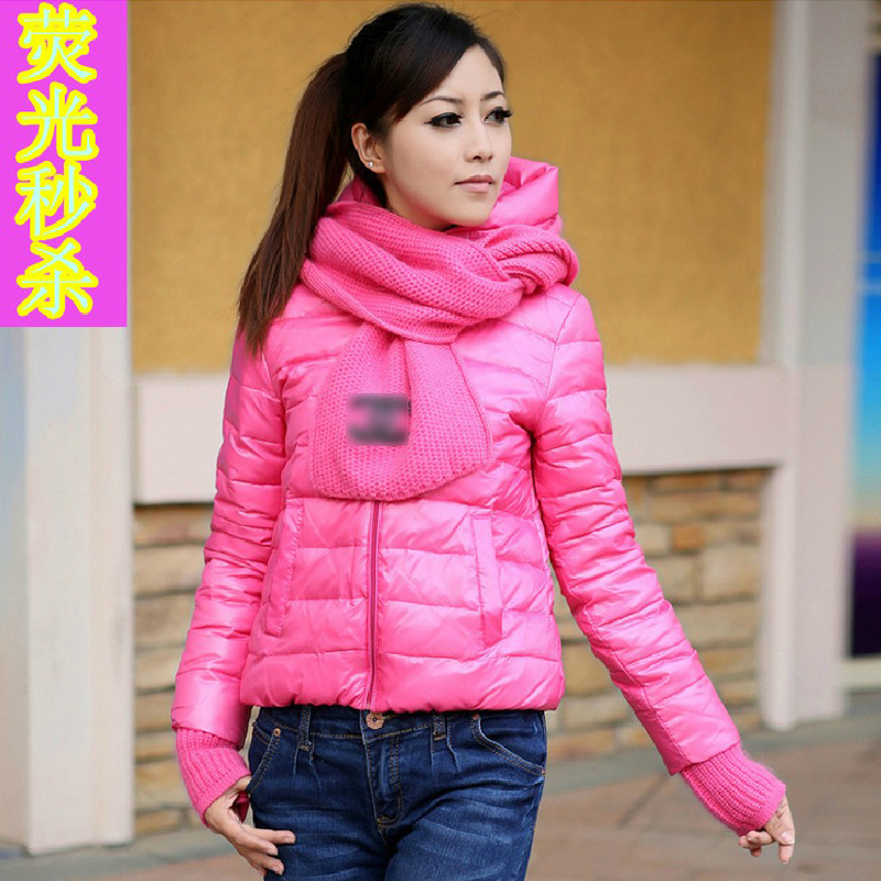 Free shipping new arrived Fashion neon candy color short design women's winter princess with a hood scarf down coat
