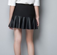Free shipping new arrval fashion slim womens' PU Leather Ruffles Pleated Sexy Mini Skirt elegant classic black casual