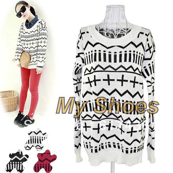 free shipping New Autumn Style Fashionable Sign Pattern Loose Long Sleeve Knitting sweater Tops Blouse 3 Colors 8093