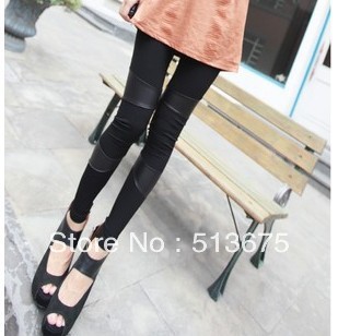 Free shipping new autumn/winter Europe America style faux leather stitching milk silk leggings fashion thin female leggings