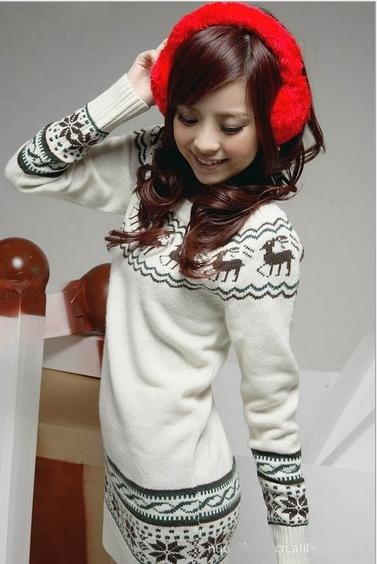 Free shipping new autumn winter long sleeve stripe sweater dresses for women clothing 2012 christmas deer printed  FS00003